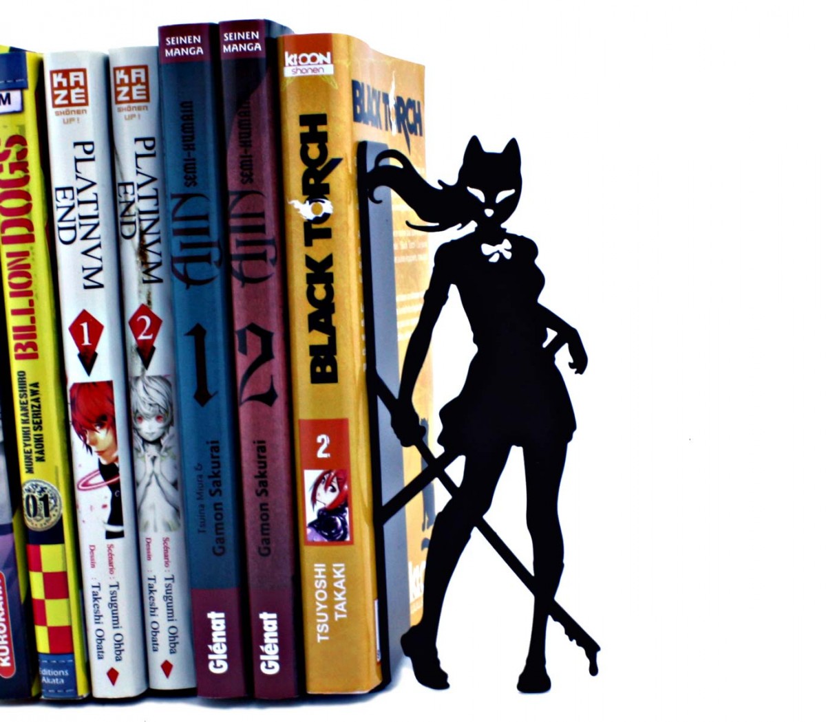 Serre-livres métal noir blanc manga Kitsune ou Cat-woman