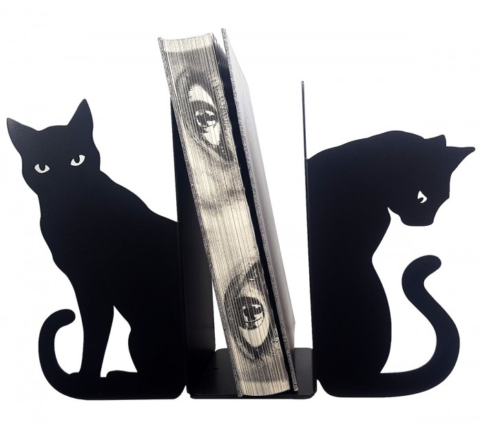 Grands serre-livres en métal noir silhouette chat découpé au laser