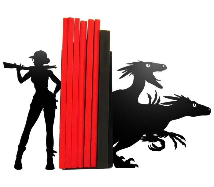 Large black metal bookends with velociraptor and adventurer silhouettes